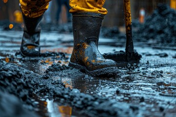 Workers are digging in wet ground wearing rubber boots at a construction site during evening hours