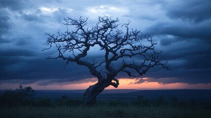 A solitary gnarled barren tree stands silhouetted against a dramatic twilight sky with clouds and the setting sun on the horizon