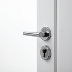 Naklejka premium Modern Stainless Steel Door Handle and Lock Set on a White Door Keywords: door handle, doorknob, lock, keyhole
