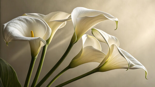 “Elegant White Calla Lilies in Soft Natural Light – Minimalist Floral Photography”