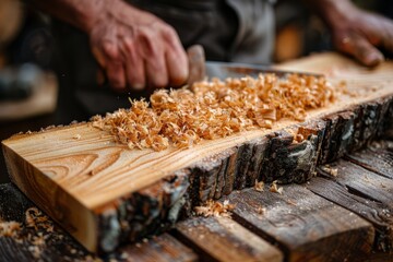 Craftsman shaves wood with precision in a rustic workshop during daylight hours