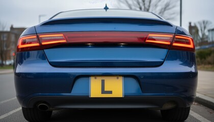 Blue car rear with illuminated taillights and a prominent l plate, parked on a street for a learner driver during a driving lesson, symbolizing training and progress