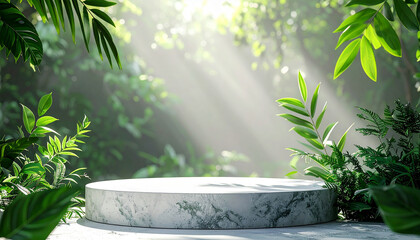 Natural marble podium surrounded by lush green foliage and sunbeams in a forest setting