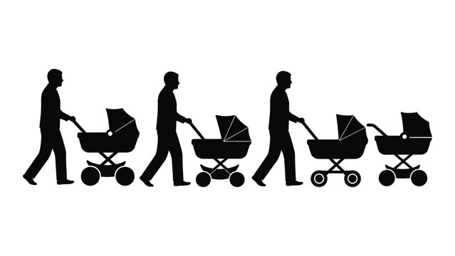 Man pushing baby stroller silhouettes isolated on white background, Vector