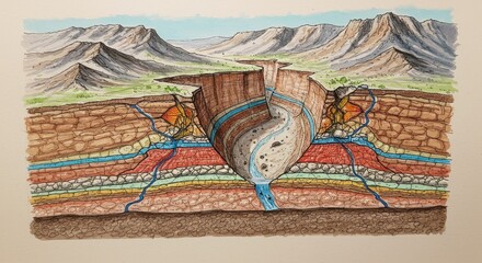 Cross section illustrates geological faulting causing a deep gorge formation with subsurface water flow