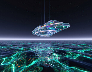Obraz premium Otherworldly scene featuring a iridescent UFO suspended above luminous, vibrant ocean waters under a starry sky. Ideal for scifi, mystery, or futuristic themes.