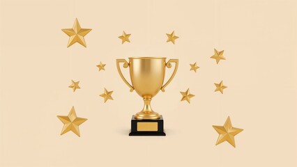 Golden trophy with stars on a beige background. Achievement and celebration concept. Award, success, recognition. The concept of winning and accomplishment.