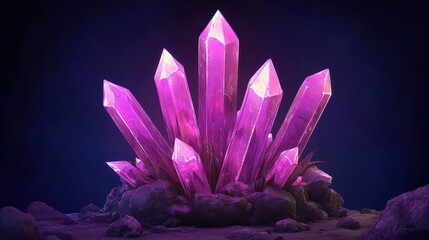 A vibrant cluster of sharp purple crystals glowing with internal light on a dark rocky base