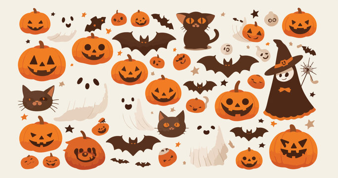 Wektorowa kolekcja uroczych halloweenowych dyni, duch&oacute;w, nietoperzy i czarnych kot&oacute;w, idealna do jesiennych dekoracji i projekt&oacute;w.