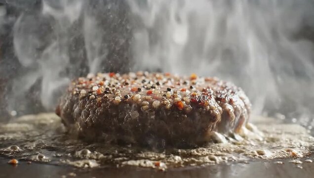 A delicious sizzling burger patty, with steam rising and appetizing visual appeal
