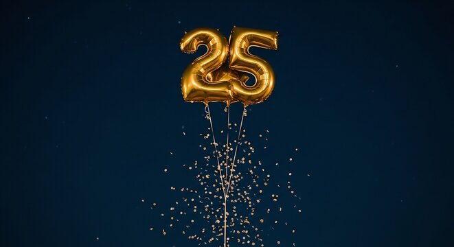 Gold 25 balloons float against a dark blue backdrop trailing shiny confetti