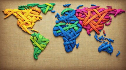 A vibrant world map crafted from colorful braided natural fibers representing continents and landmasses on a textured wooden surface