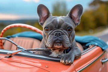 French Bulldog enjoys a scenic drive in a classic car on a sunny day in the countryside