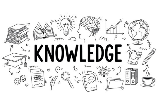 Illustrated knowledge concept with books, brain, lightbulb, and globe icons in black and white