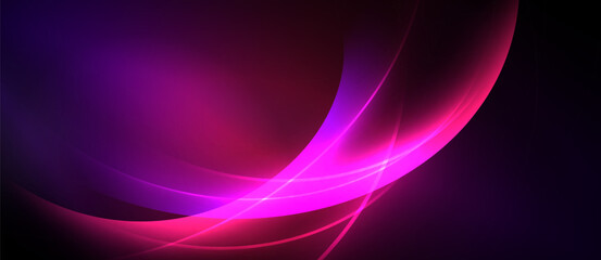 Abstract background features vibrant purple, pink curves. Smooth gradients create dynamic, flowing light effect. Dark borders frame composition.