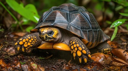 A yellow footed tortoise with its patterned shell is seen on the forest floor
