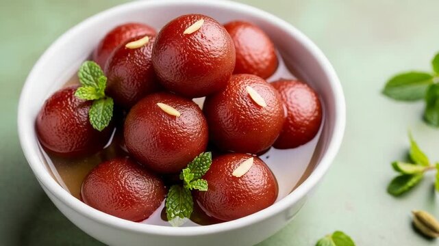 Gulab jamun in bowl garnished with mint leaves and almond slivers