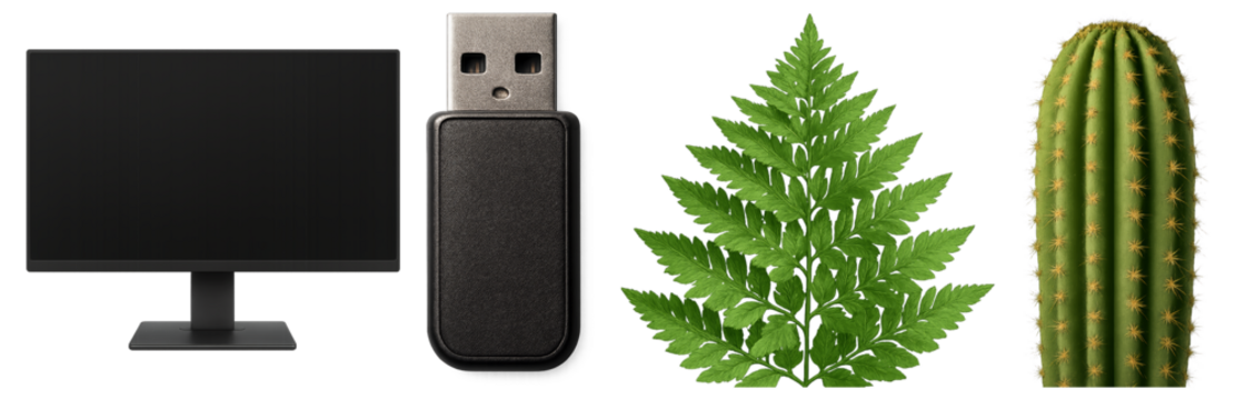 Collection of four diverse objects including a computer monitor, USB flash drive, green fern leaf, and a tall cactus, representing the concept of technology and nature