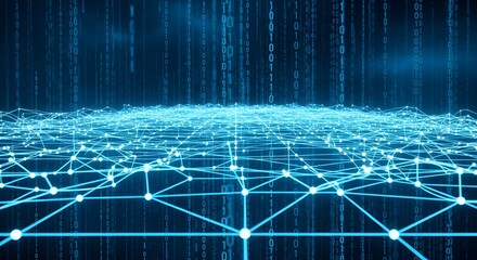 Illuminated digital network with flowing data streams, creating an intricate cybernetic landscape.