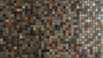Fototapeta premium A mosaic of small square tiles in various shades of brown, beige, blue, and gray arranged in a grid pattern.