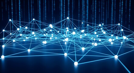 Intricate network of blue lines and nodes, connecting in a complex structure, a digital matrix scene.