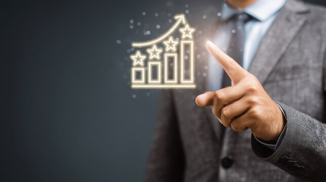 Businessman’s finger points to glowing bar chart (with rising trend and stars) against suit background, representing data growth, rating improvement and positive business performance trend
