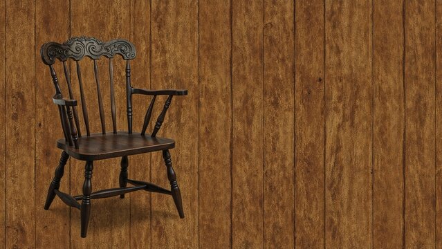 A wooden chair with armrests and a decorative backrest against a wooden paneled wall.