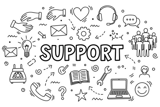 Support concept with communication icons and tools in black and white doodle art