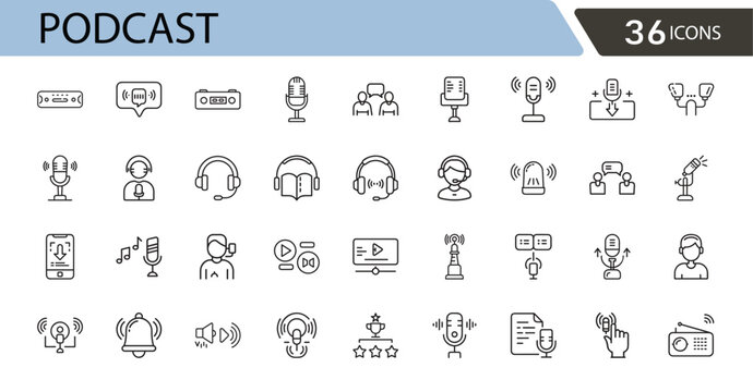 Podcast related icons set including microphone, audio, recording, headphones, sound waves, studio, hosting, streaming, and episodes. Outline icons.