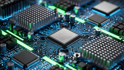 Ultra-detailed technology background featuring a close-up view of a computer motherboard, glowing circuits, microchips, neon blue and green LED lighting, sharp metallic textures