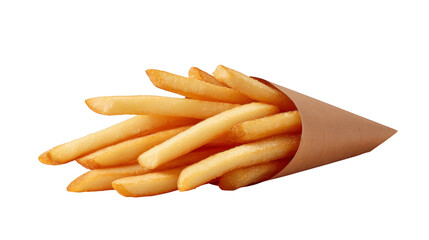 French fries in brown paper cone, golden and crispy, isolated on transparency background, perfect for fast food, snack, or street food concepts