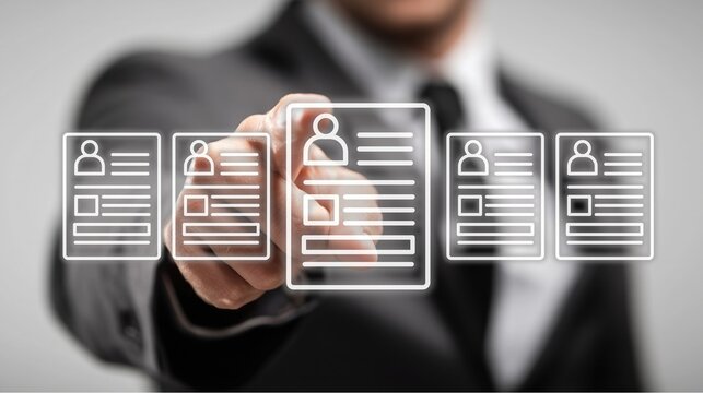 Businessman’s hand touches resume icons (with person symbols) against suit background, representing recruitment, talent management and professional candidate selection in modern business setting
