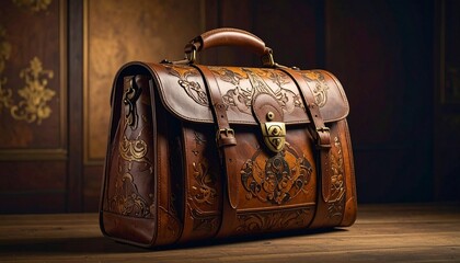 Vintage Leather Bag with Embossed Designs and Metallic Accents on Wooden Surface in Ornate Interior