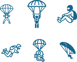 Collection of parachuting icons depicting skydivers in various poses and stages of freefall and descent with parachutes open illustrating extreme sports