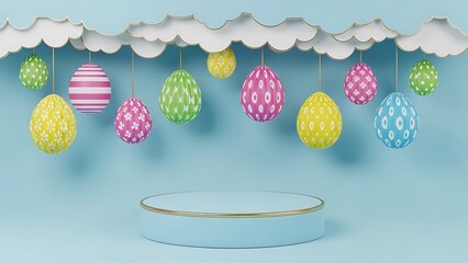 Easter Egg Display with Podium for Product Placement and Festive Decorations Pastel Colors Background Holiday Concept Bright Cheerful Design Celebration Springtime Decorations