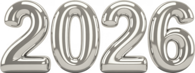 Shiny silver numbers 2026 isolated on a transparent background