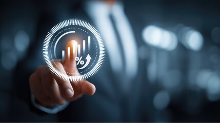 Businessman’s finger touches glowing data icon (bar chart, % and upward arrow) against professional background, representing data growth, percentage increase and improved business performance