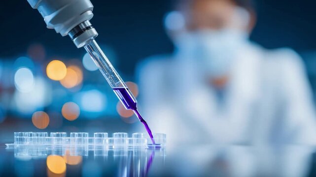 The Precision of Science: A scientist diligently dispenses a vibrant liquid from a pipette into a microplate, embodying precision and discovery in the realm of laboratory investigation.