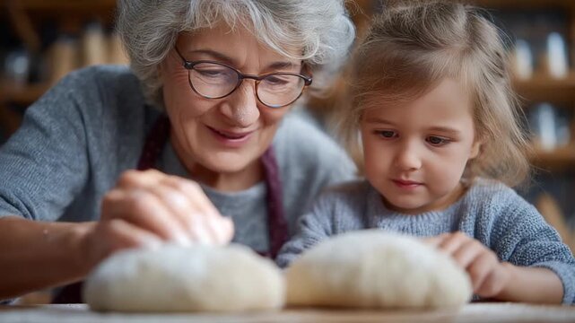 Baking Bond: An intimate scene of intergenerational connection, an elderly woman guides a young child in the art of baking. Soft focus and warm tones convey a sense of family, tradition.