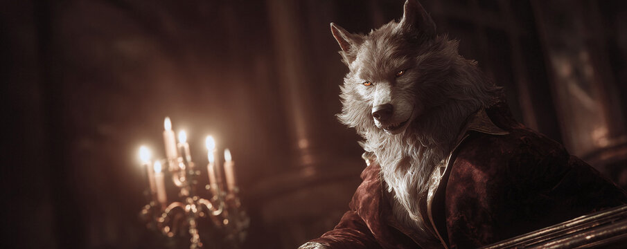 A majestic werewolf in formal wear sits in a candlelit hall. Dark fantasy, gothic, and horror concepts. Use for book covers, games, or Halloween promotions. - Powered by Adobe