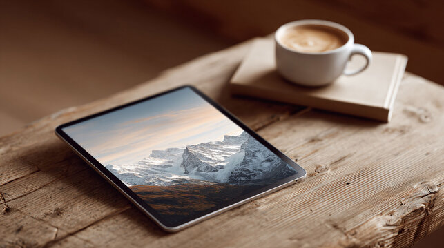 Cozy scene featuring a tablet displaying a mountain landscape, paired with a coffee cup on a book, all resting on a rustic wooden surface. Ideal for lifestyle or remote work visuals.