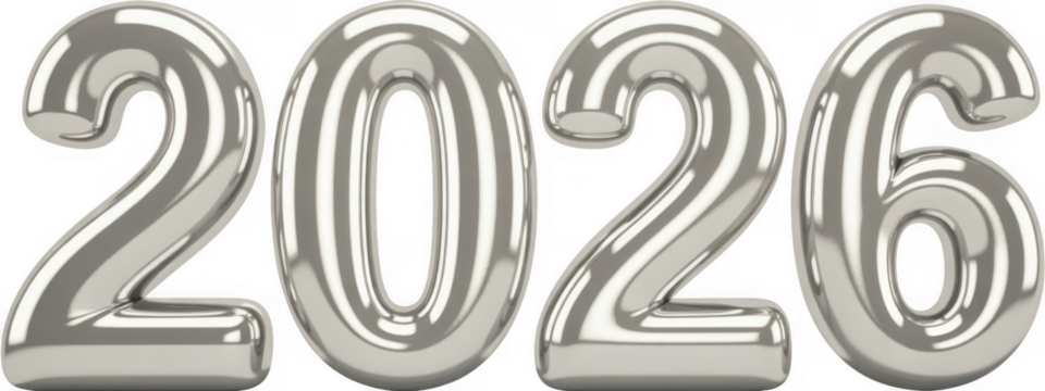 Shiny silver numbers 2026 isolated on a transparent background