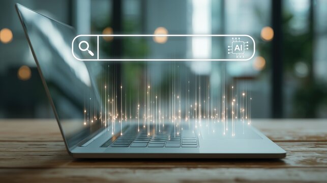 Laptop rests on wooden desk, with glowing search bar (magnifier + AI icon) and light data streams, representing AI-powered search, tech innovation and digital data process in modern office setting - Powered by Adobe