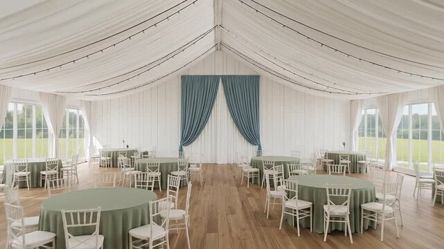 Elegant White Marquee Interior Setup for Wedding Reception or Event, Featuring Sage Green Tables, White Chairs, Teal Drapes, and Fairy Lights with ...