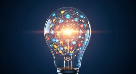 Glowing light bulb filled with colorful social media icons and a bright light in the center, symbolizing innovation and ideas