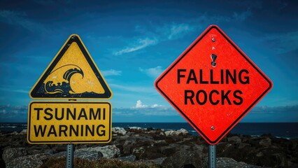 Tsunami Warning and Falling Rocks signs on the coast, hazard alerts.