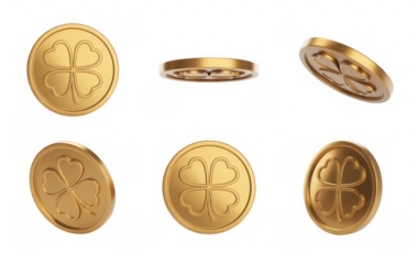 Six golden coins with clover leaf design in various orientations isolated on a transparent background