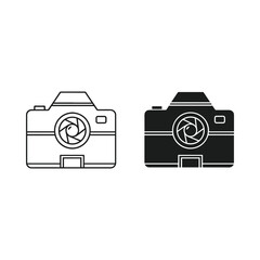 Simple line art and silhouette icons of a modern digital camera
