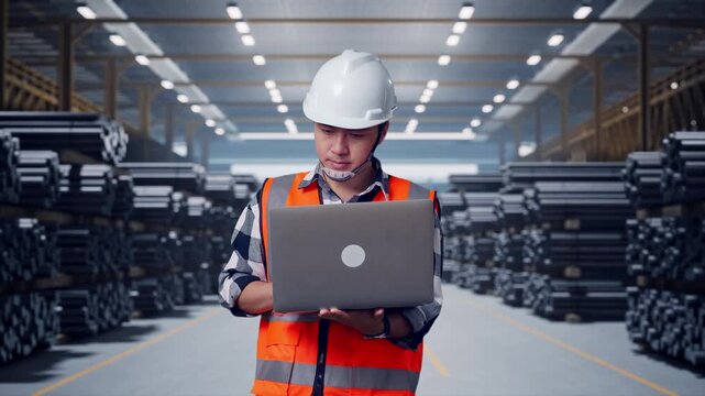 Asian Male Engineer With Safety Helmet Working On A Laptop And Looking Around While Standing at Warehouse of Rolled Steel Metal Bars, Rods or Billets