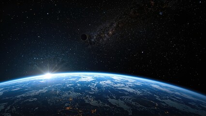 Obraz premium Earth from space with stars and planets in the background, showcasing the planet's curvature and atmosphere.